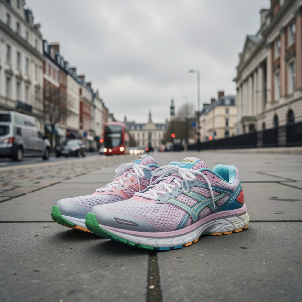 Running shoes placed on grey pavement, overcast London sky visible in background