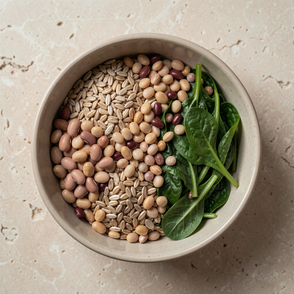 Close-up of a bowl containing whole grains, legumes, and leafy greens on a pale stone surface, overhead editorial shot