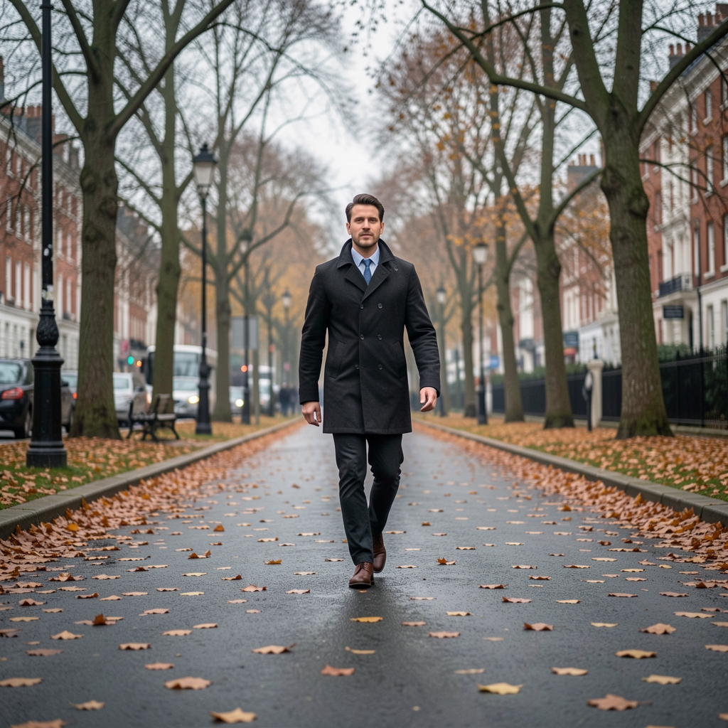 Person walking in a park on an overcast London morning, motion captured at street level with autumn leaves on the path